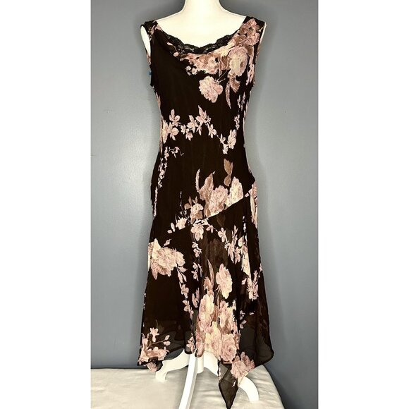 Vintage 90s Y2K Forest Fairy Grunge Beaded Dress M Dark Floral Romantic Bias Cut - Picture 1 of 16